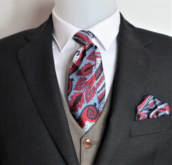 Cravatta seta fantasia grigia e rossa