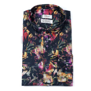 Popeline nero fantasia foglie flash fuxia