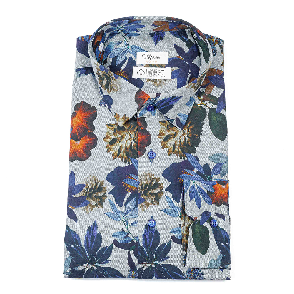 Camicia Twill grigio fiori blu-marroni