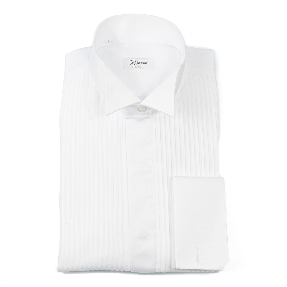 Camicia Twill raso bianco collo Smoking plissè