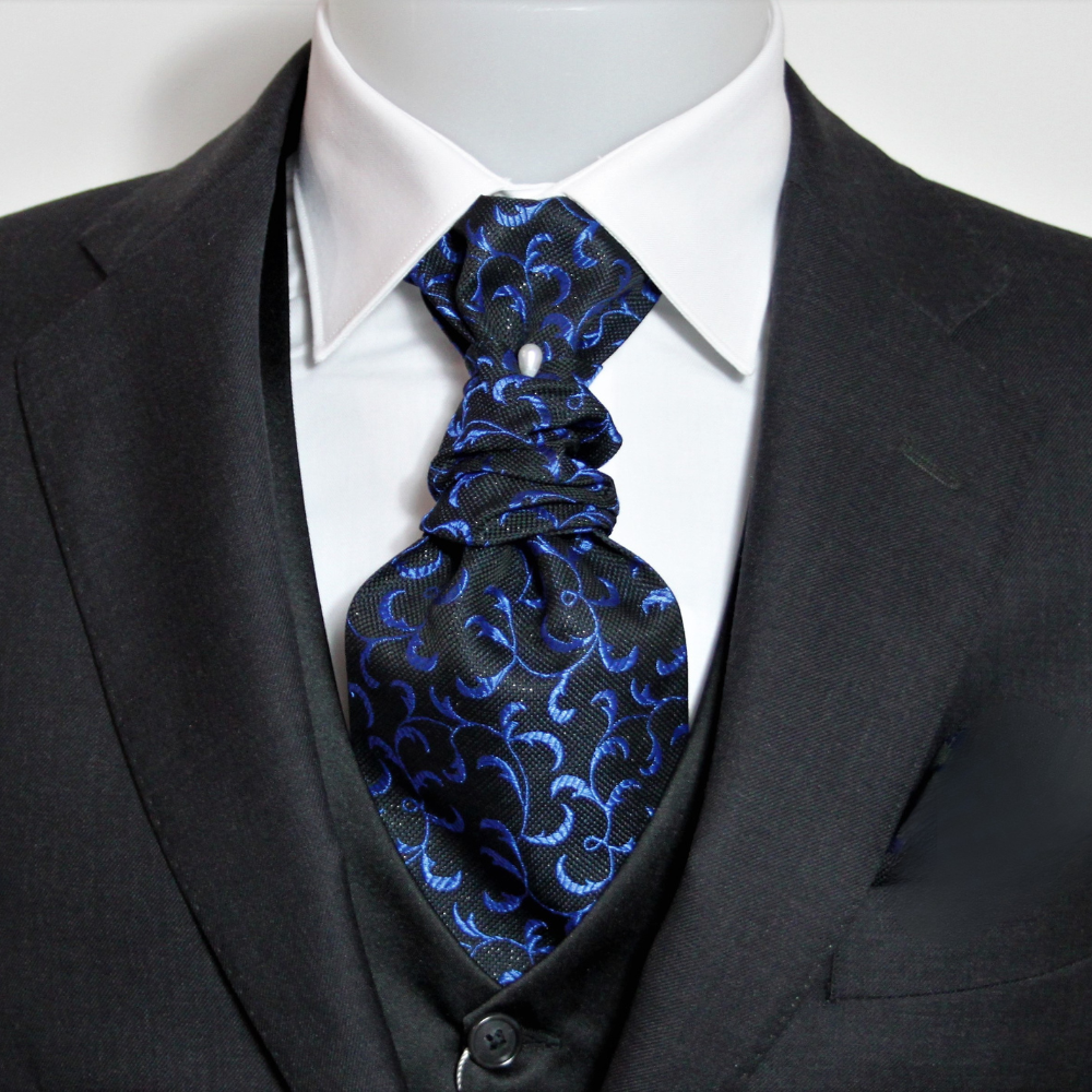 Plastron viscosa nero brillantinato fantasia rami blu elettrico